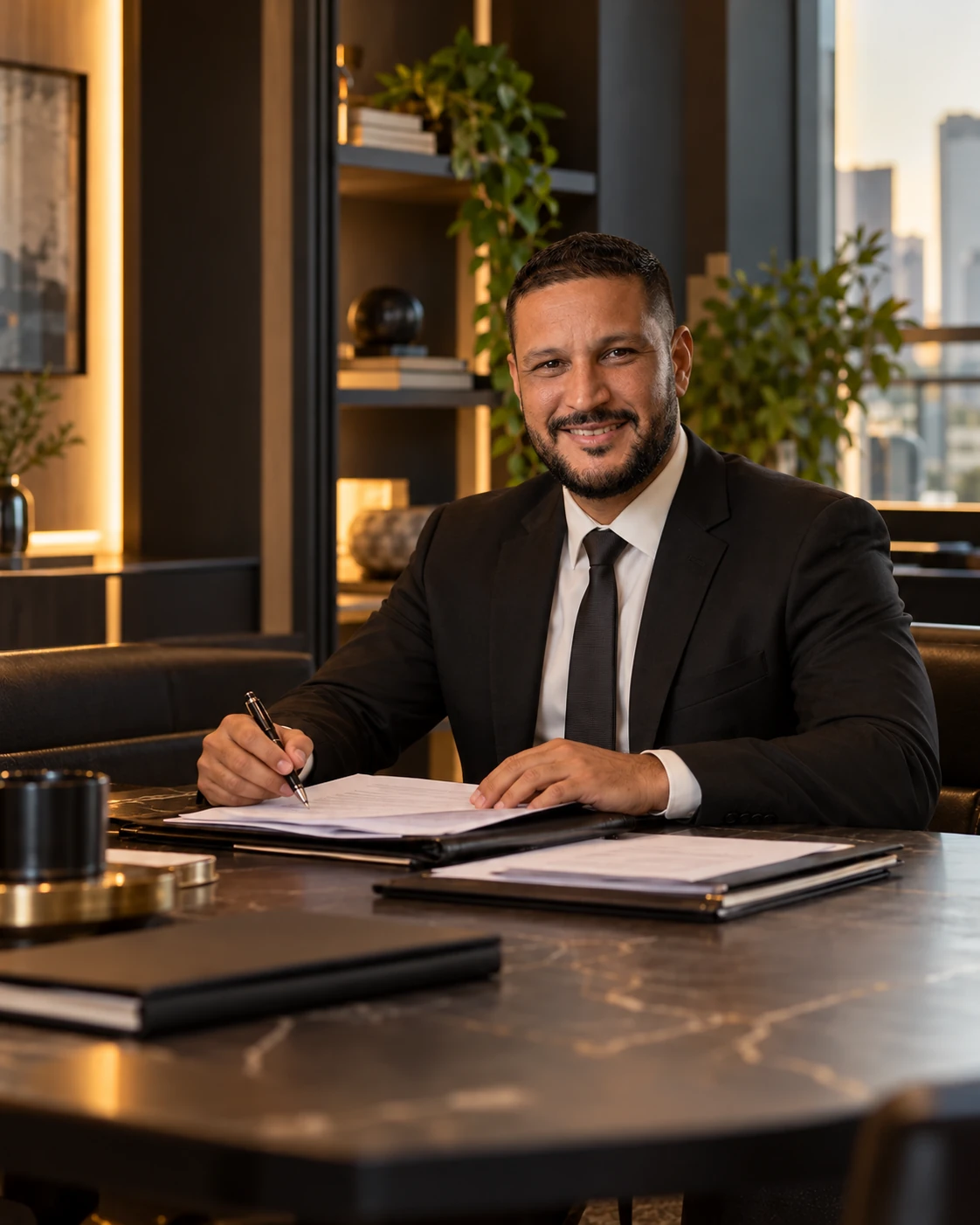 Profissional sentado à mesa de reunião, analisando documentos
