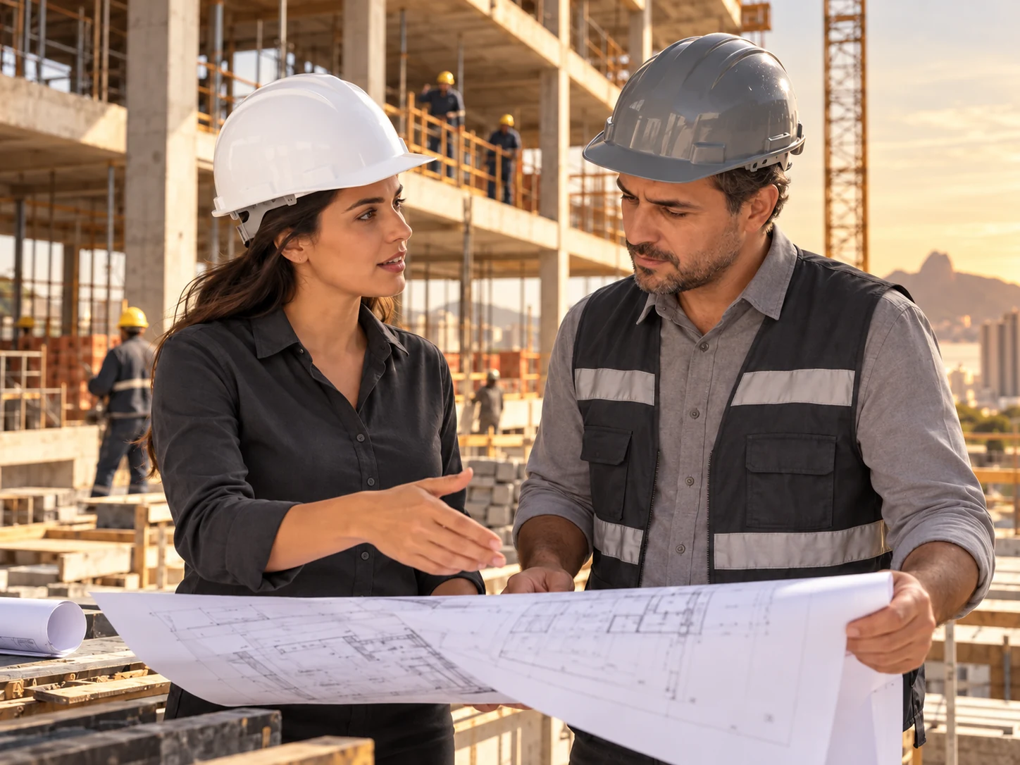 Profissionais analisando uma obra de construção civil